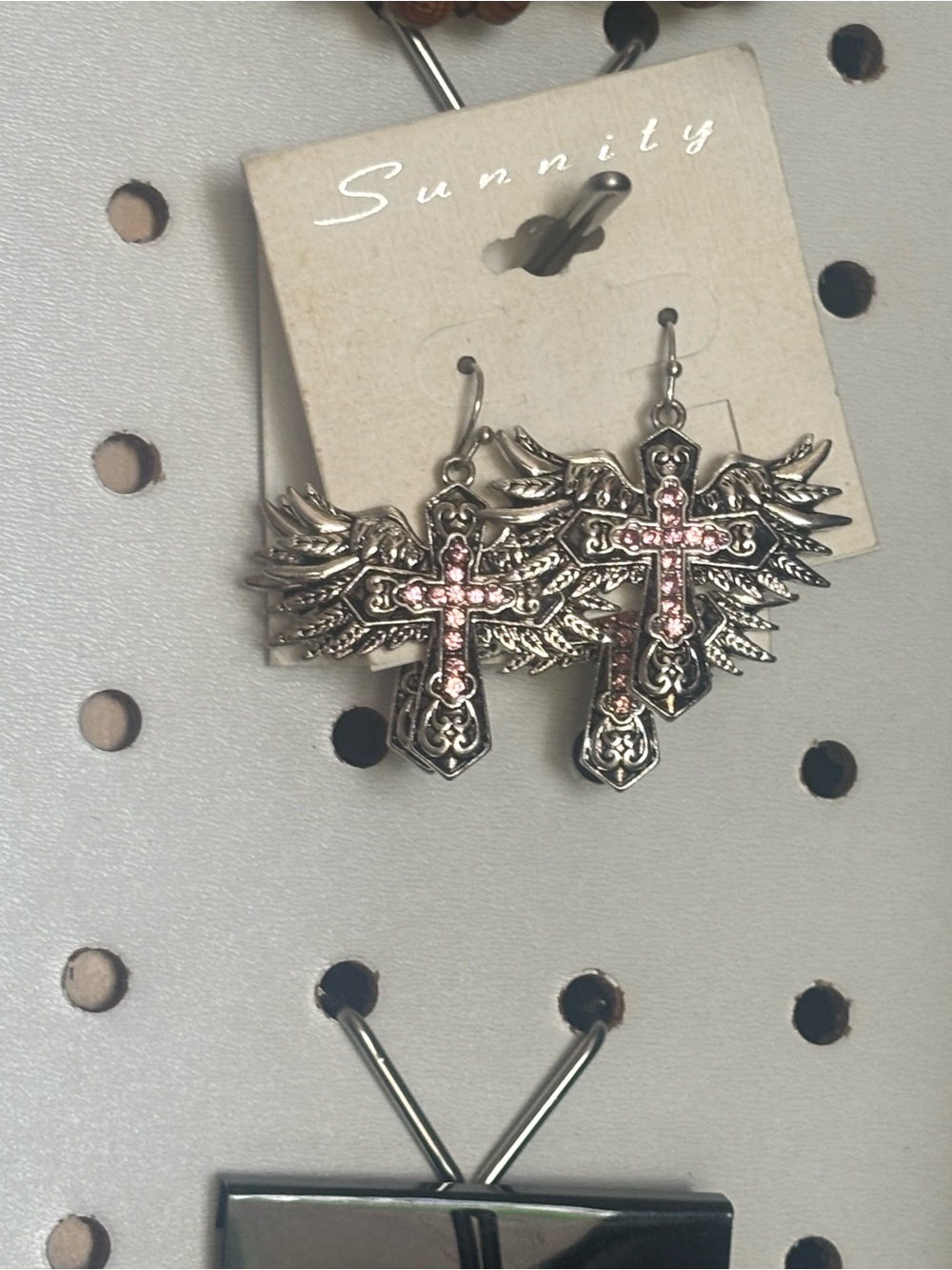 Silver-Tone Winged Cross Earrings with Pink Stones